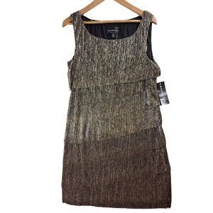 Connected Apparel Dress Womens 10 Gold Metallic Pleated Tiered Sheath Party Glam